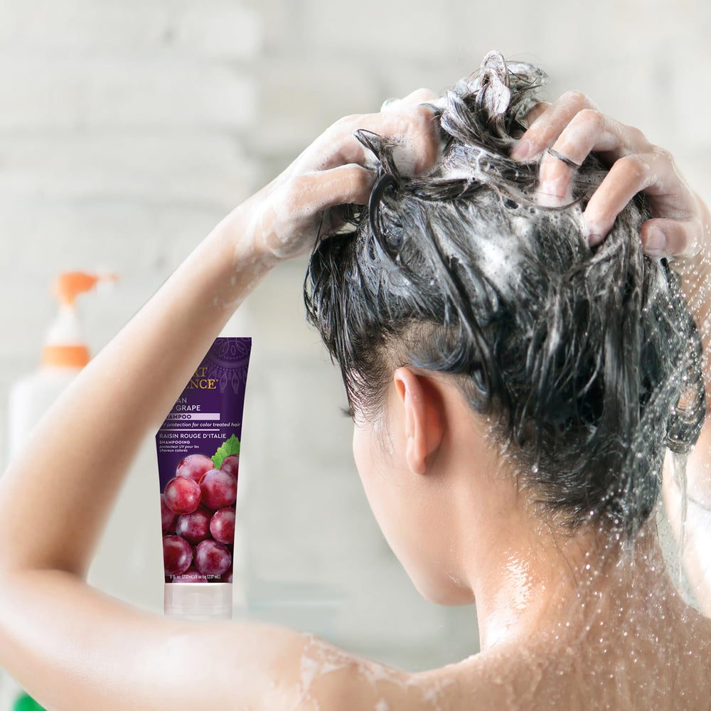 Desert Essence Italian Red Grape Shampoo bottle in a bathroom setting for everyday refreshment