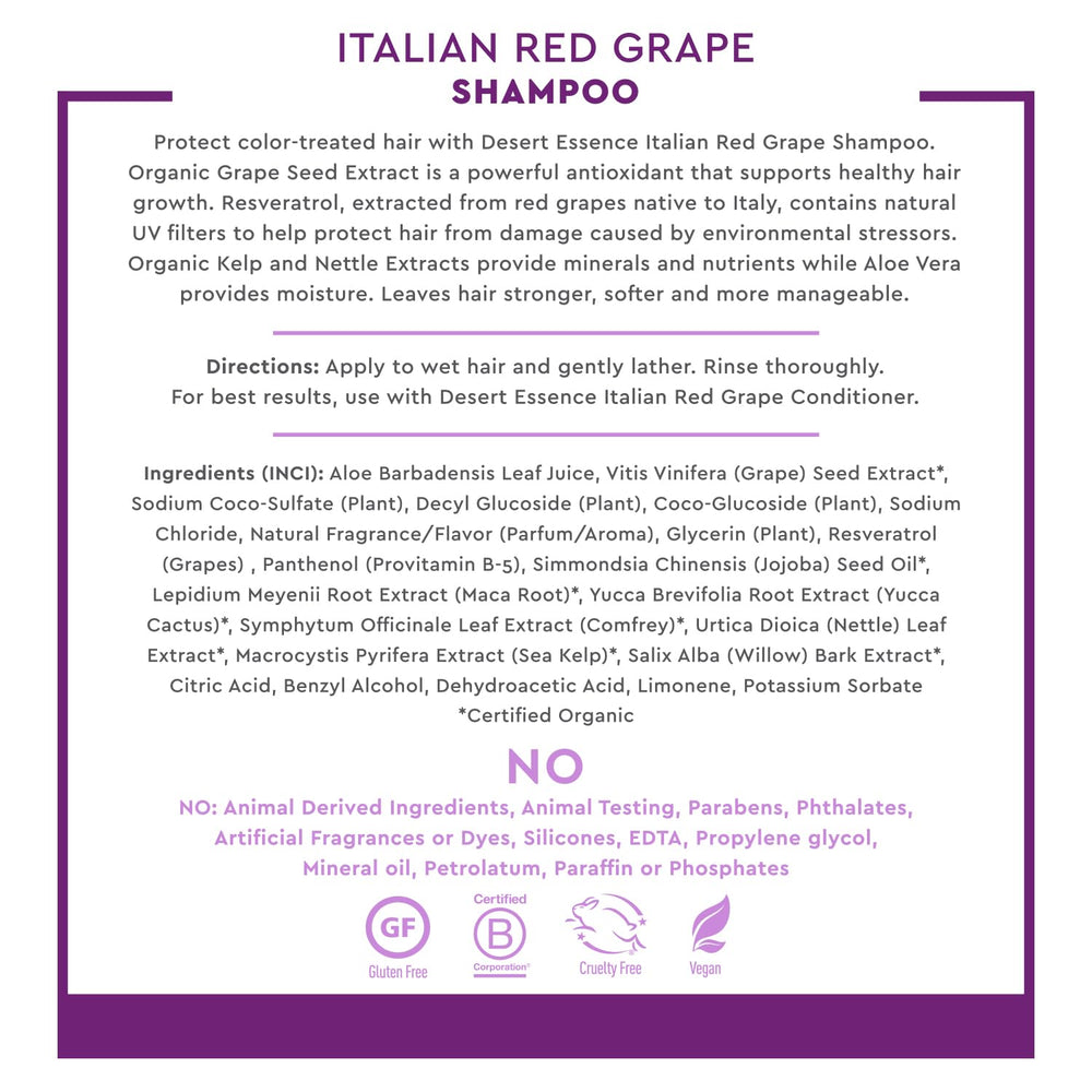 Desert Essence Italian Red Grape Shampoo for color-treated hair retaining shade and adding shine