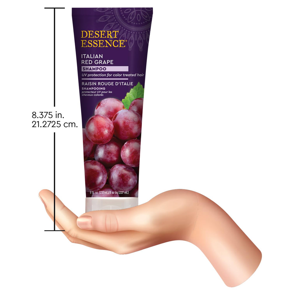Desert Essence Italian Red Grape Shampoo label closeup showing organic and vegan credentials