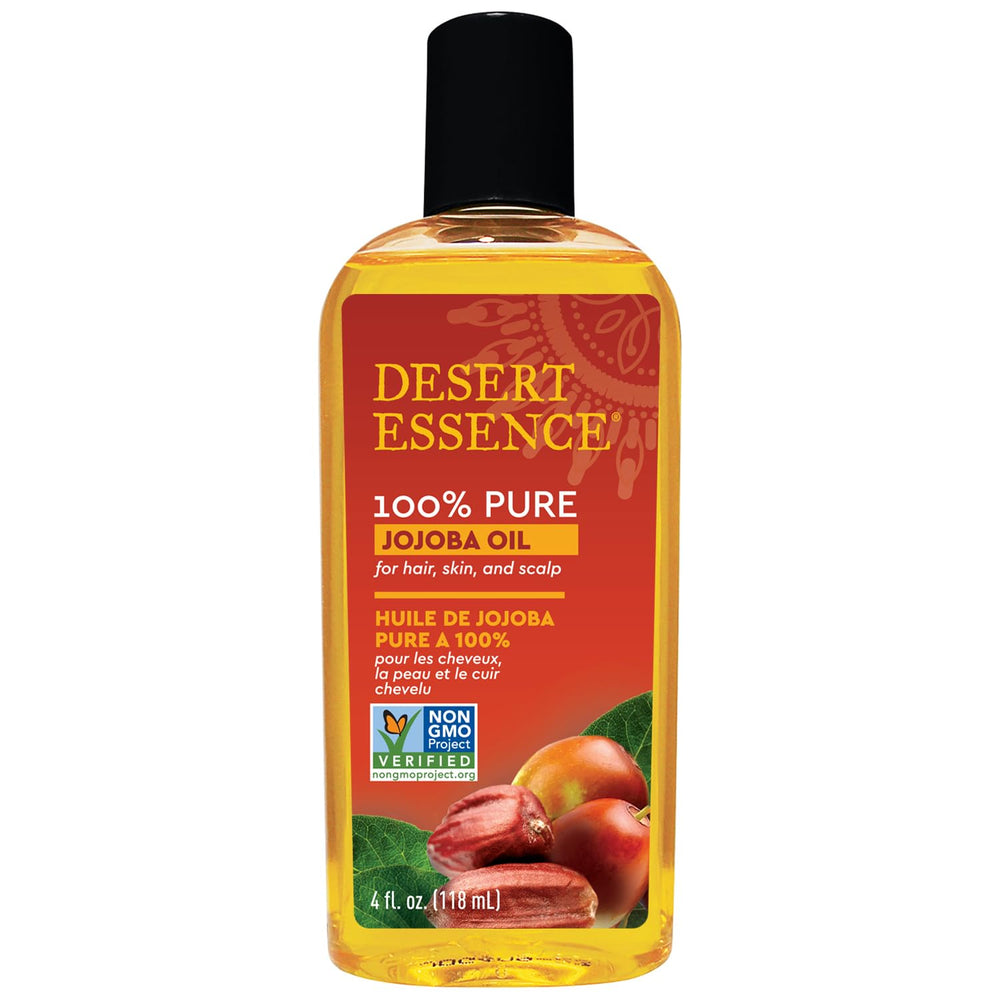 Desert Essence jojoba oil bottle provides pure hydration for skin and hair.