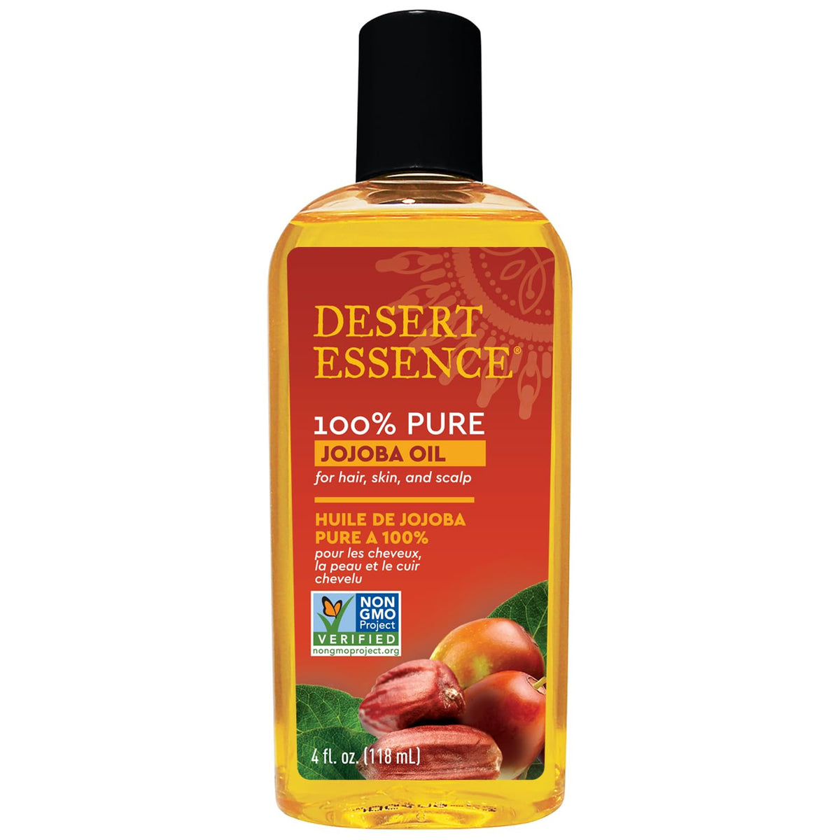 Desert Essence jojoba oil bottle provides pure hydration for skin and hair.