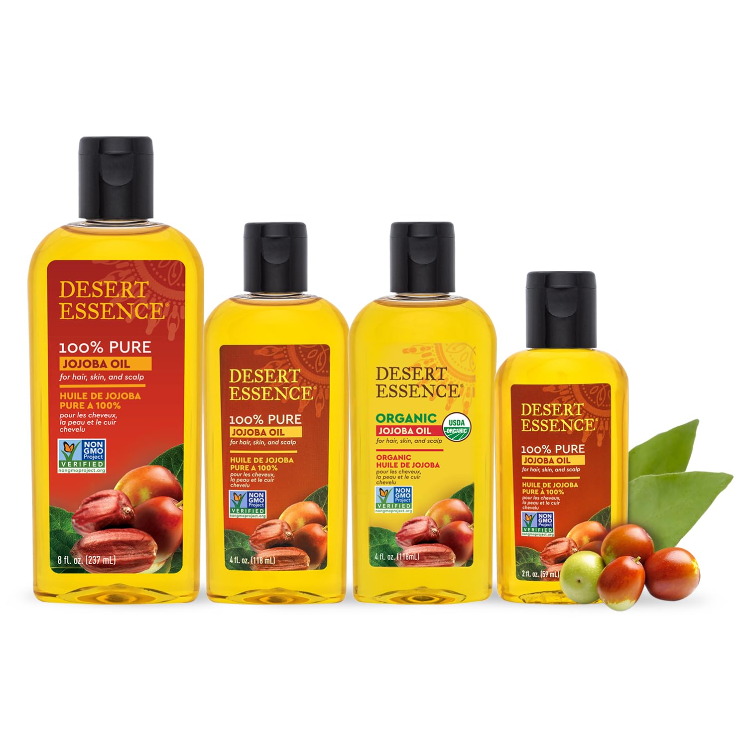 Desert Essence Jojoba Oil packaging—cold-pressed, non-GMO and vegan in sustainable bottle.