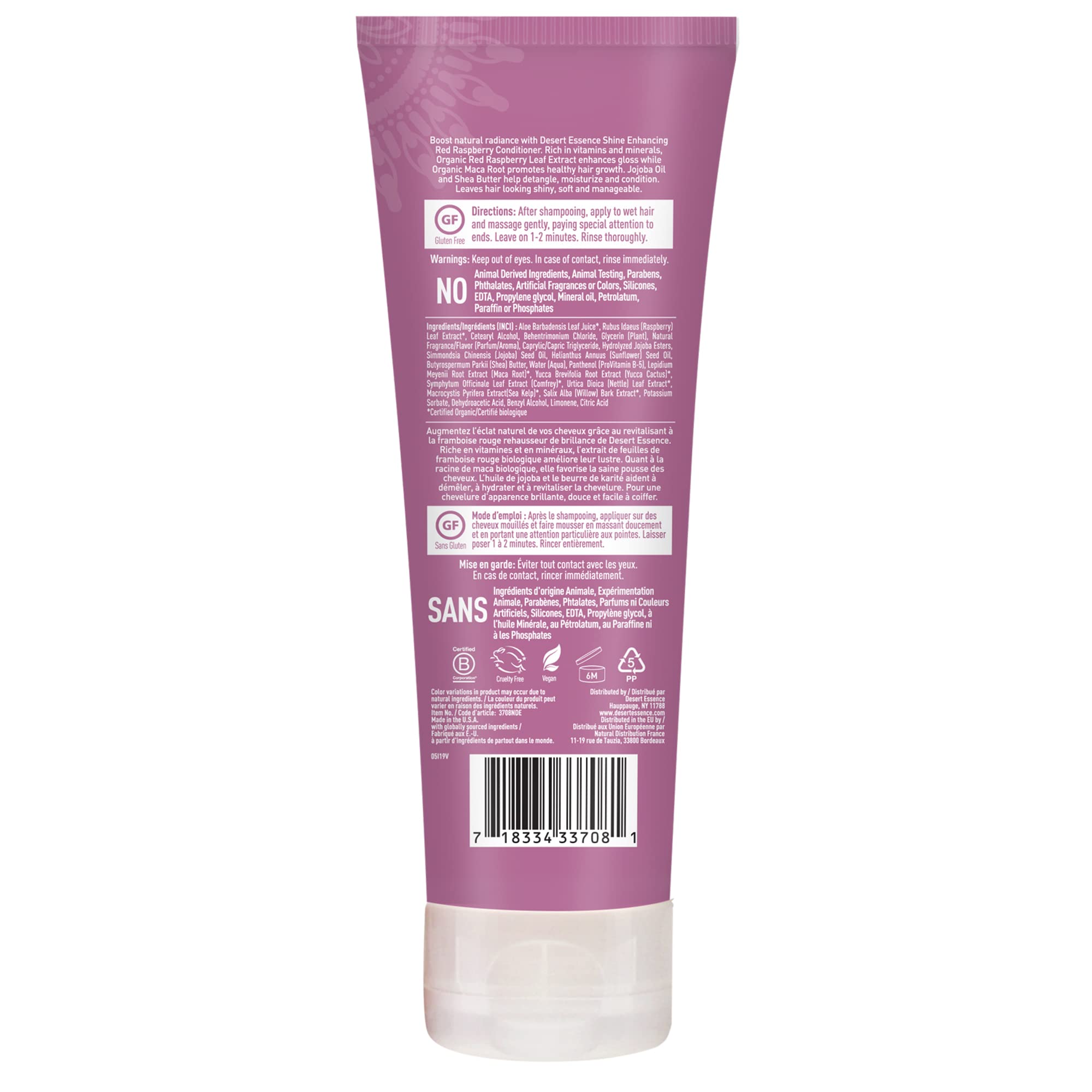 Desert Essence Red Raspberry Conditioner ingredients panel with jojoba oil and shea butter