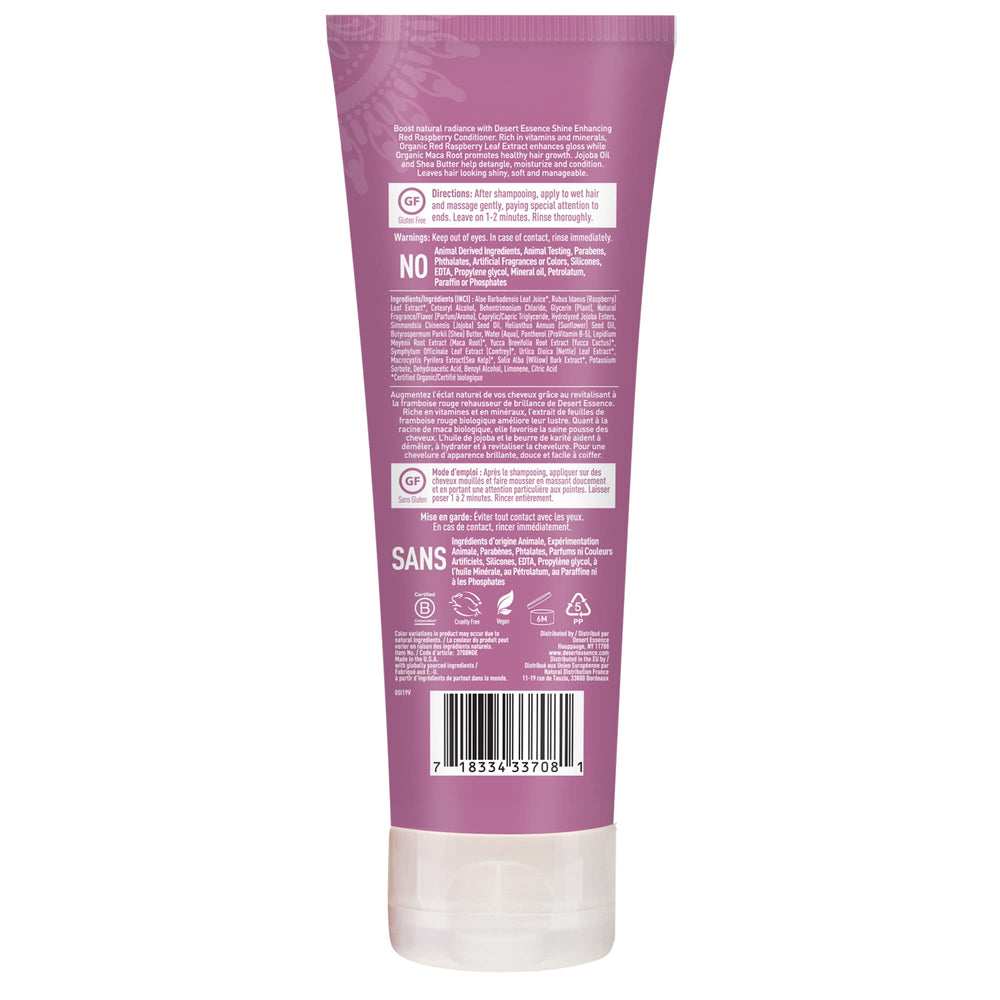 Desert Essence Red Raspberry Conditioner ingredients panel with jojoba oil and shea butter