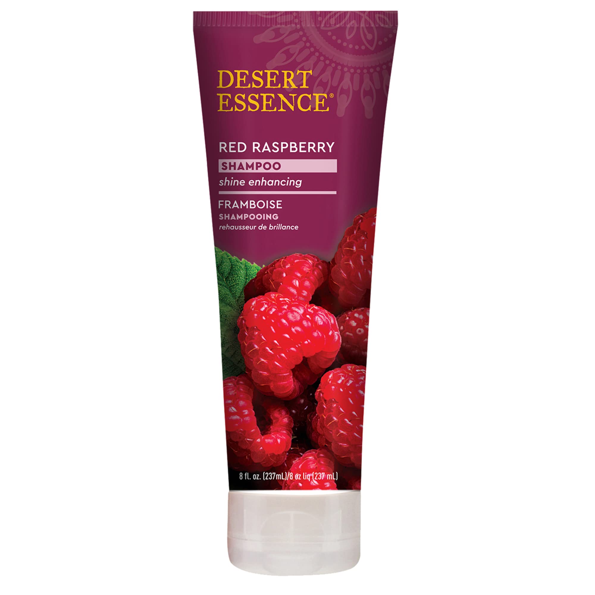 Desert Essence Red Raspberry Shampoo bottle highlights shine-enhancing formula.