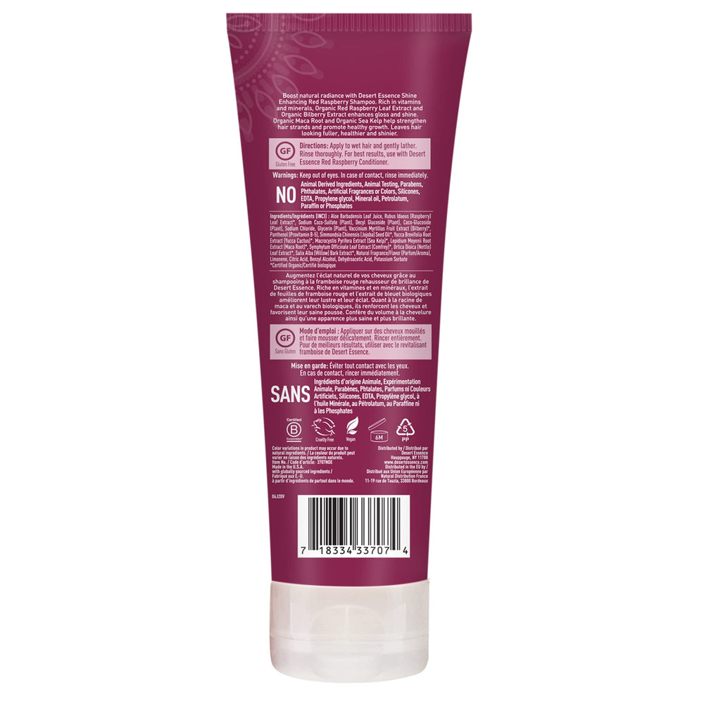Desert Essence Red Raspberry Shampoo foam-lather demonstrates gentle cleansing.