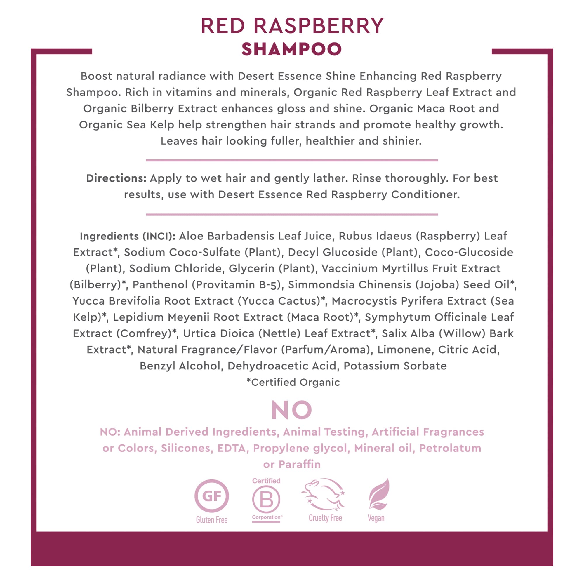 Desert Essence Red Raspberry Shampoo pump-dispenser suggests convenient daily use.