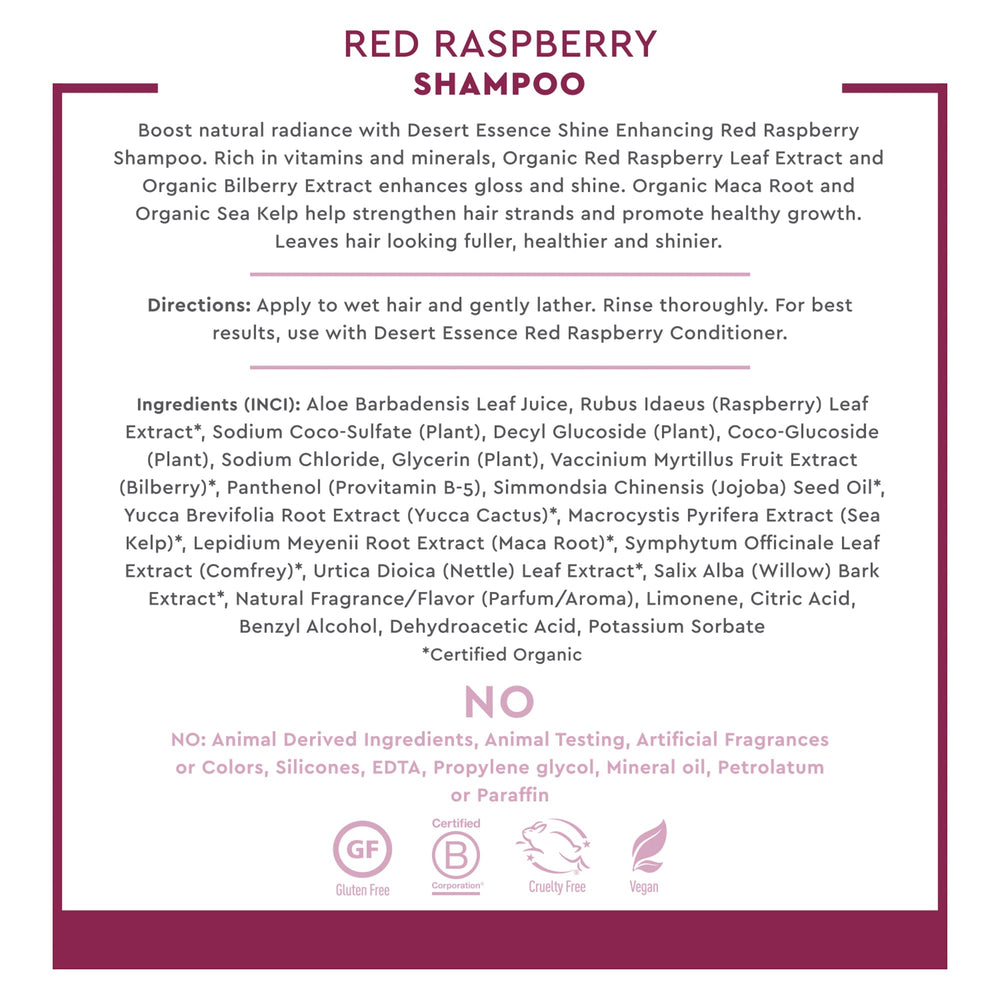 Desert Essence Red Raspberry Shampoo pump-dispenser suggests convenient daily use.