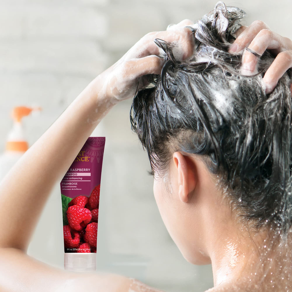 Desert Essence Red Raspberry Shampoo shiny-hair result reveals lasting gloss.