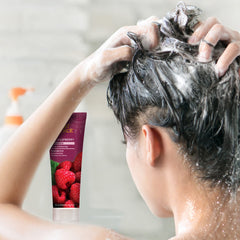 Desert Essence Red Raspberry Shampoo shiny-hair result reveals lasting gloss.