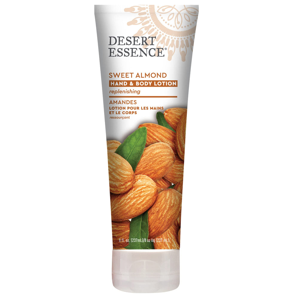 Desert Essence sweet almond lotion bottle with organic hydration for daily skin care.