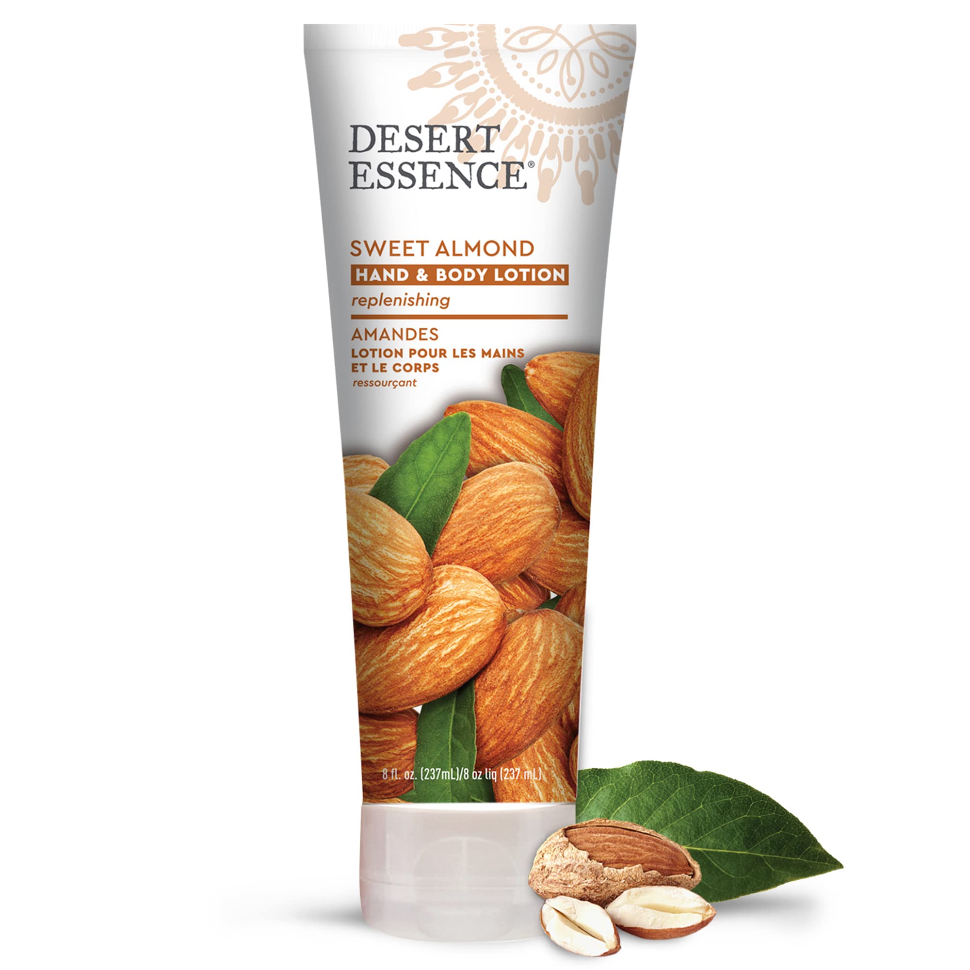 Desert Essence Sweet Almond lotion label closeup highlighting organic certification.