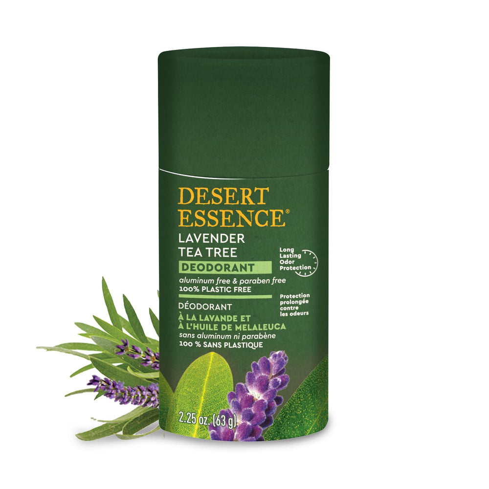 Desert Essence tea tree deodorant packaging highlights plastic-free design