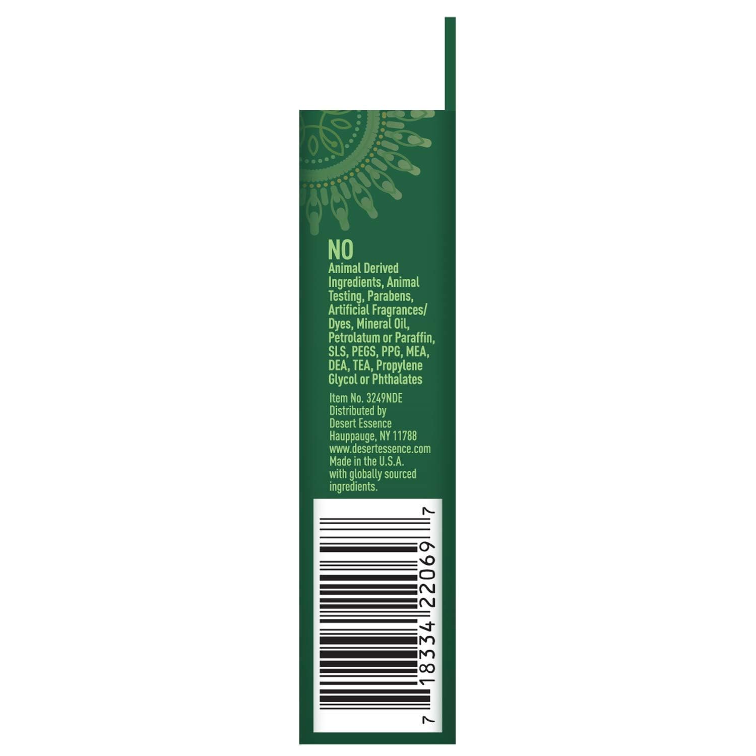 Desert Essence tea tree oil ingredient close-up; antiseptic botanicals.