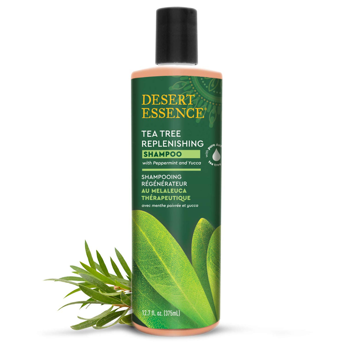 Desert Essence Tea Tree Oil Replenishing Shampoo bottle front for refreshing cleanse