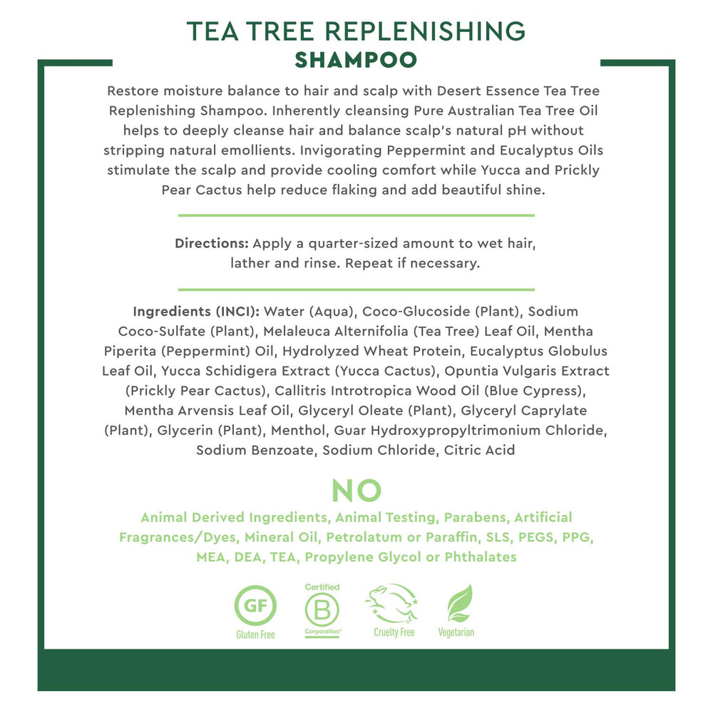 Desert Essence Tea Tree Oil Replenishing Shampoo pump-dispense ready for daily use