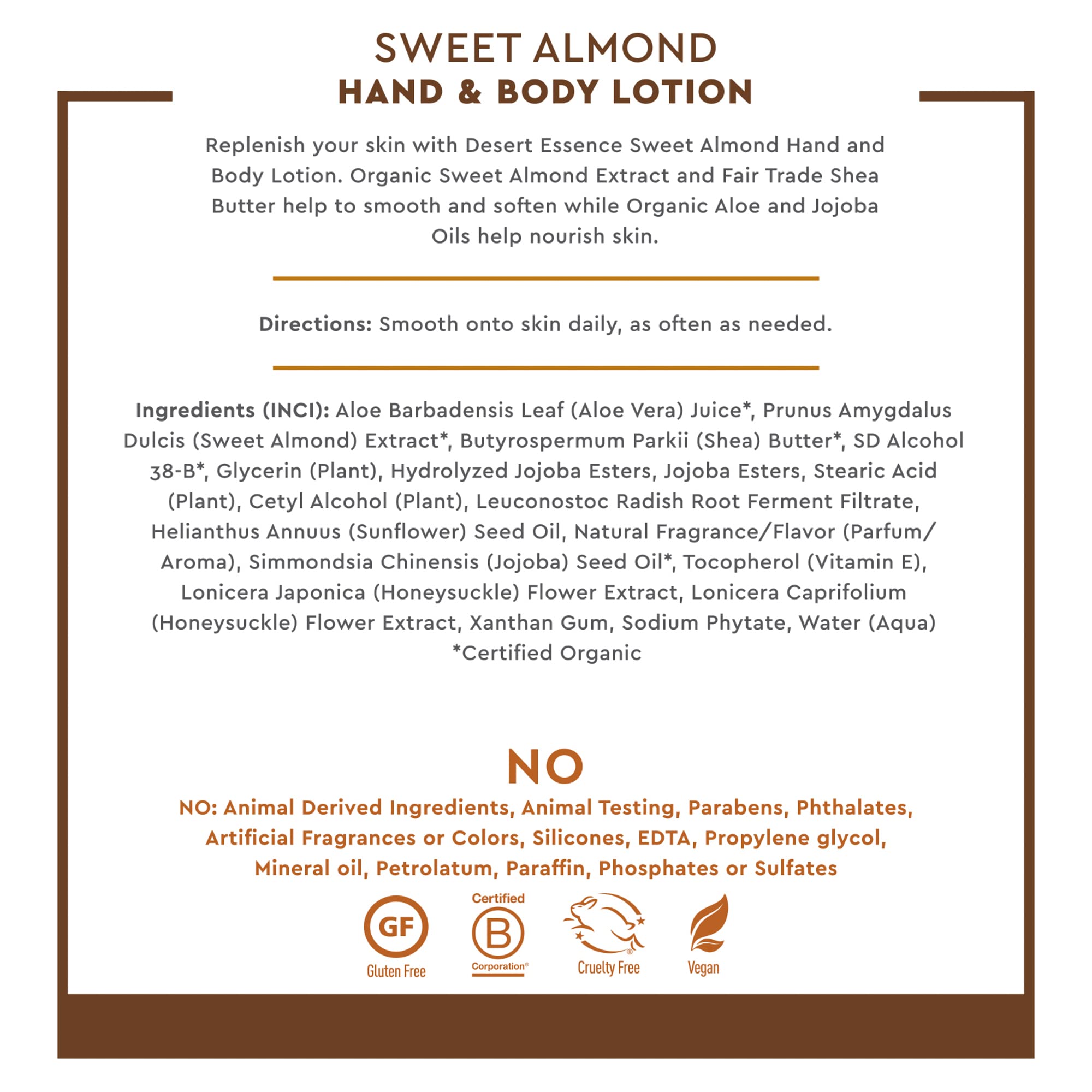 Desert Essence Sweet Almond lotion texture swatch reveals silky, lightweight cream.