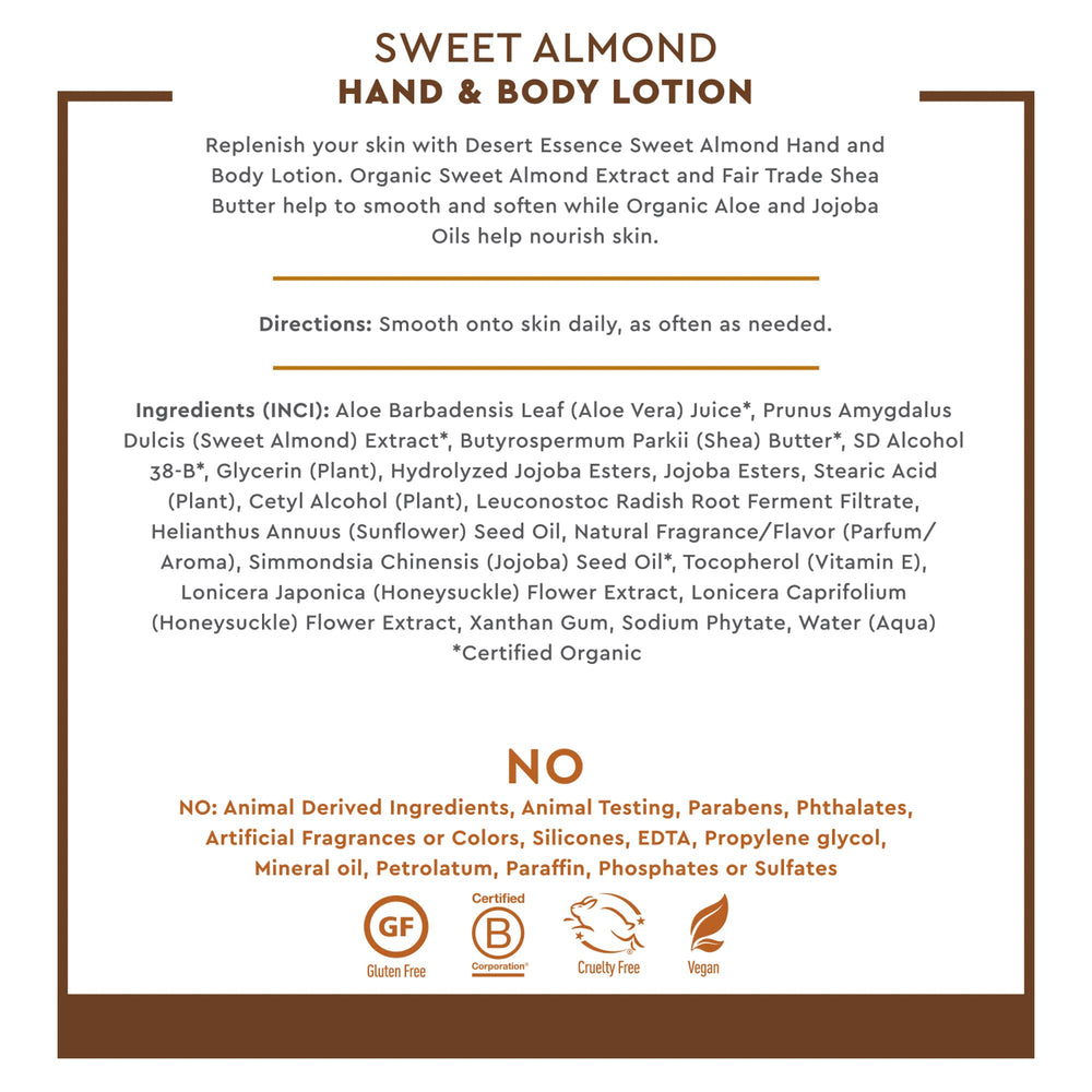 Desert Essence Sweet Almond lotion texture swatch reveals silky, lightweight cream.