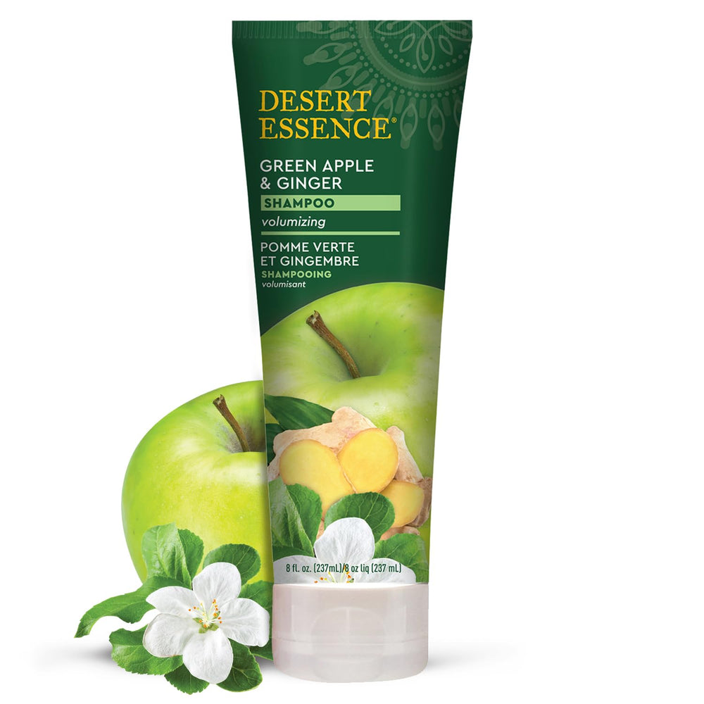 Desert Essence thickening shampoo bottle on shelf offers everyday refreshing cleanse for fine hair.