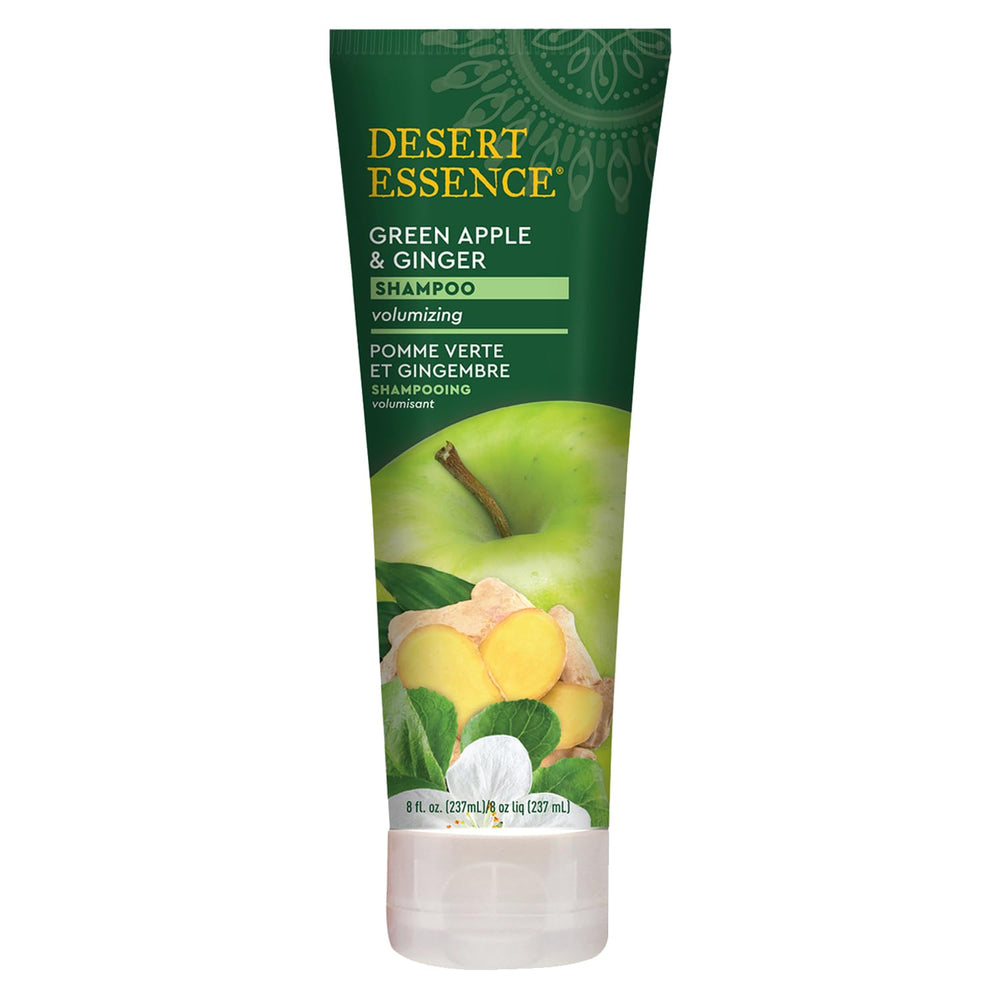 Desert Essence thickening shampoo pump-top bottle highlights easy, mess-free application for busy mornings.