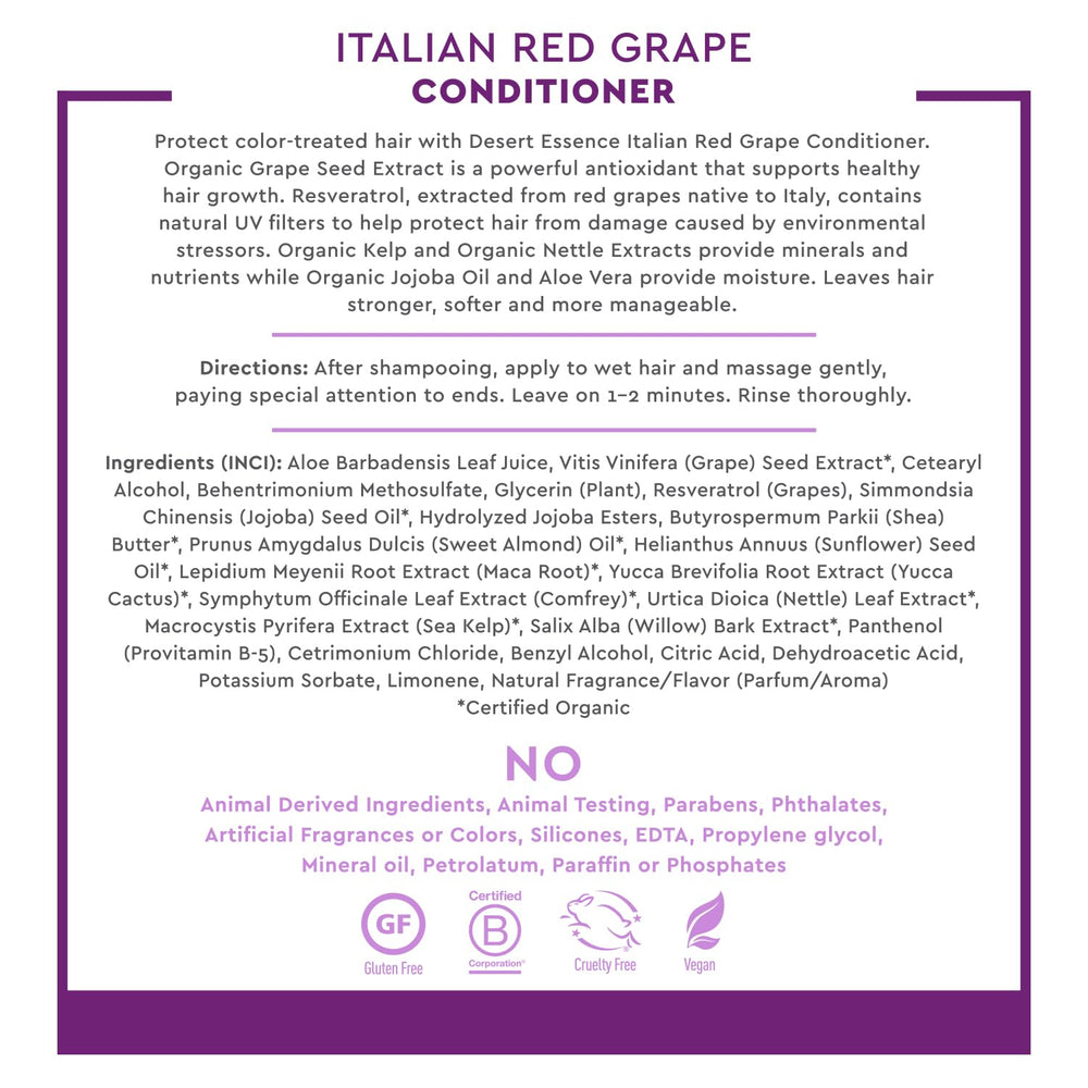 Desert Essence vegan cruelty-free label indicates ethical, sulfate-free conditioning