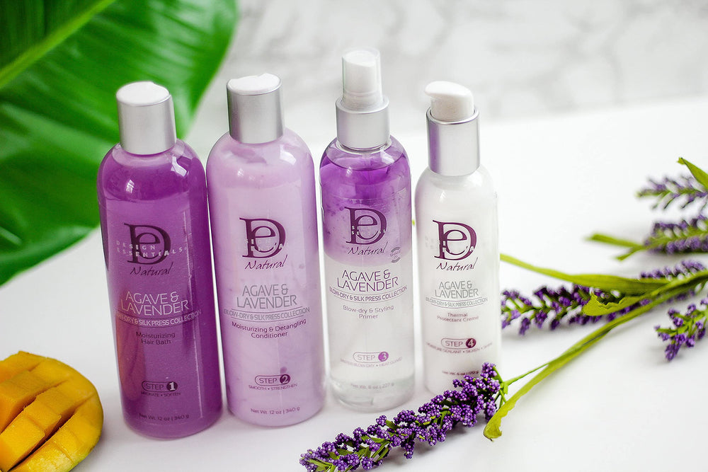 Design Essentials Agave Lavender conditioner used during blow-dry supports smoother styling.