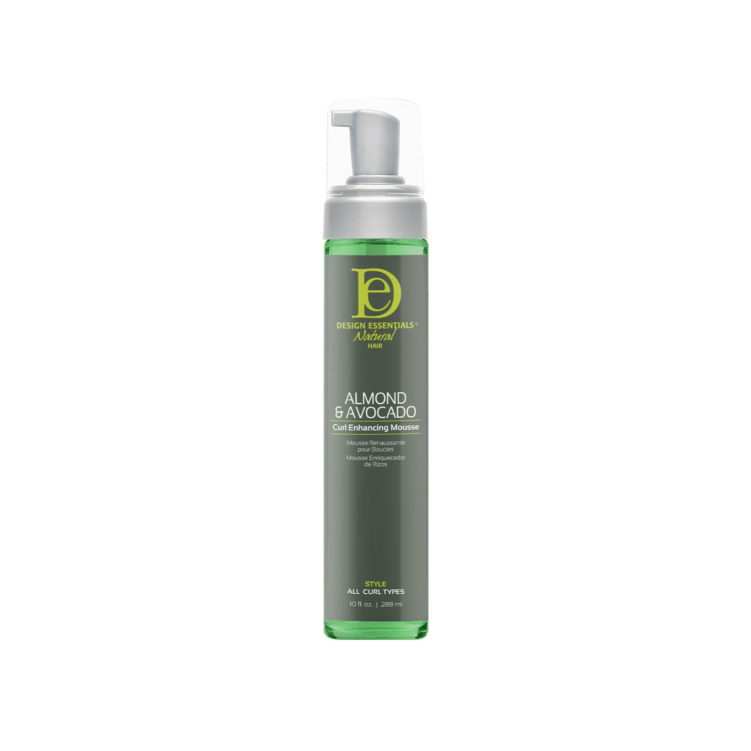 Design Essentials Almond Avocado Curl Mousse closeup jar showing lightweight non-greasy formula for defined curls.