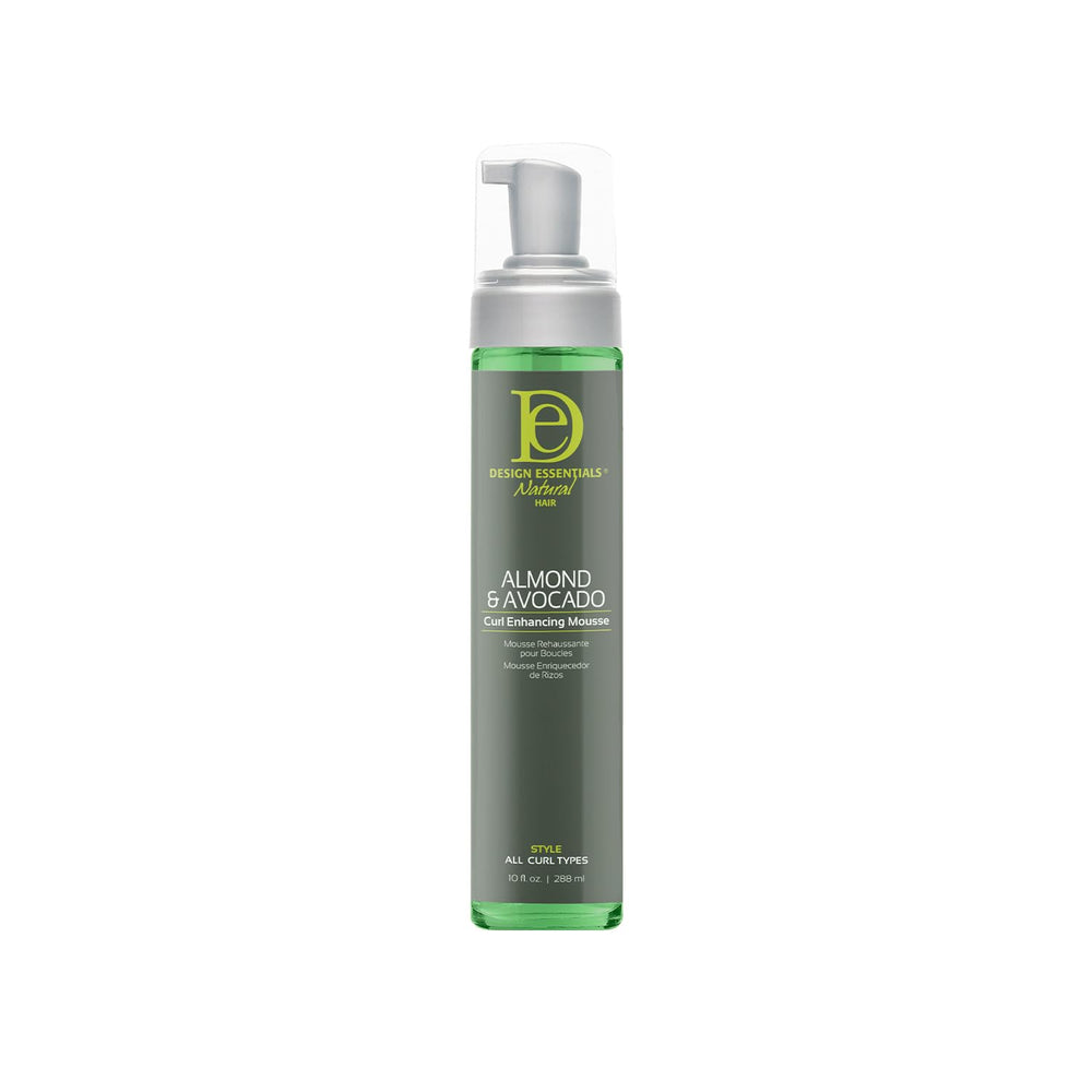 Design Essentials Almond Avocado Curl Mousse closeup jar showing lightweight non-greasy formula for defined curls.