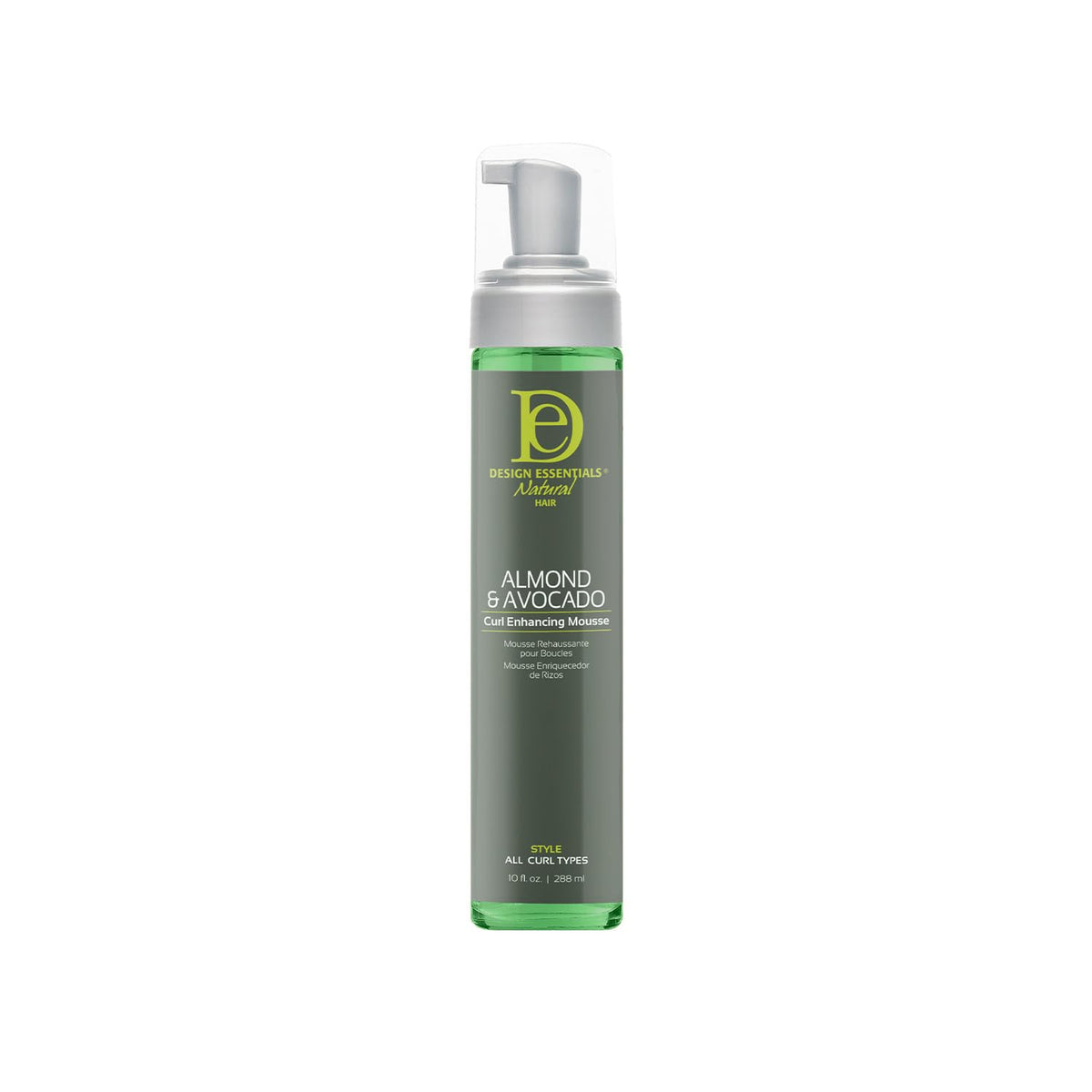 Design Essentials Almond Avocado Curl Mousse closeup jar showing lightweight non-greasy formula for defined curls.