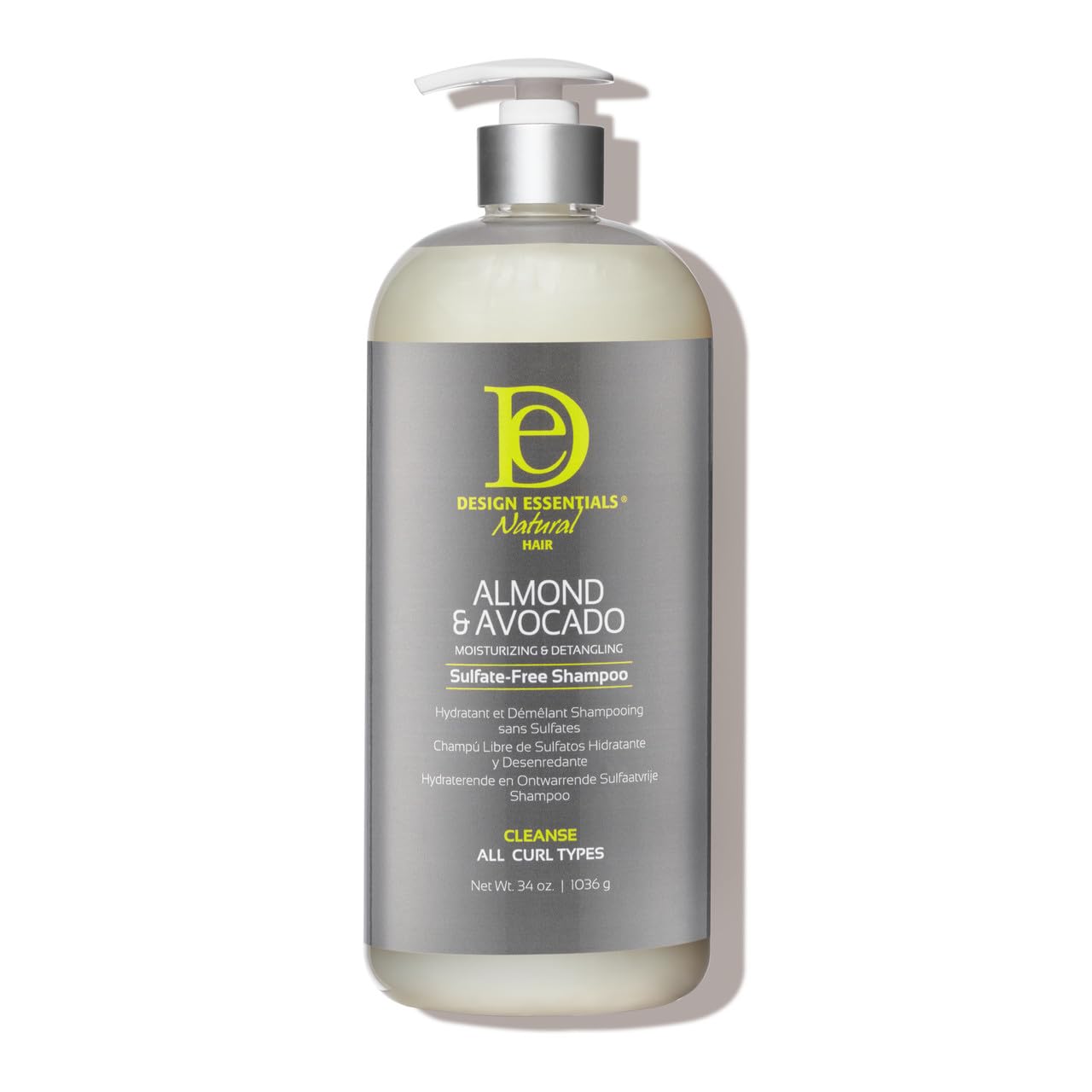 Design Essentials almond avocado shampoo bottle promotes nourished curls and easy wash-day routines.