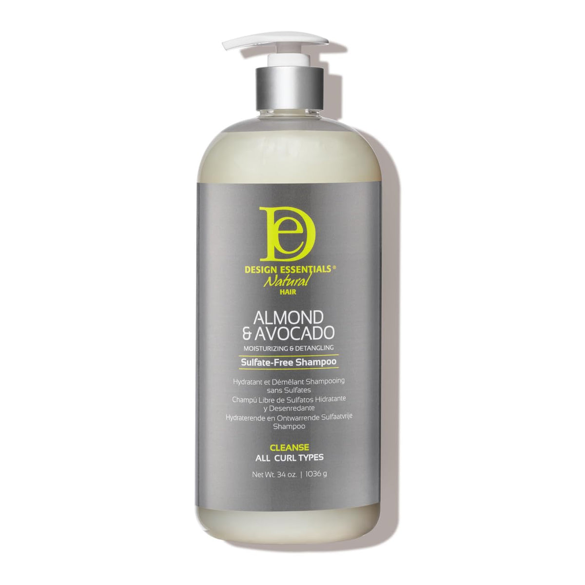 Design Essentials almond avocado shampoo bottle promotes nourished curls and easy wash-day routines.