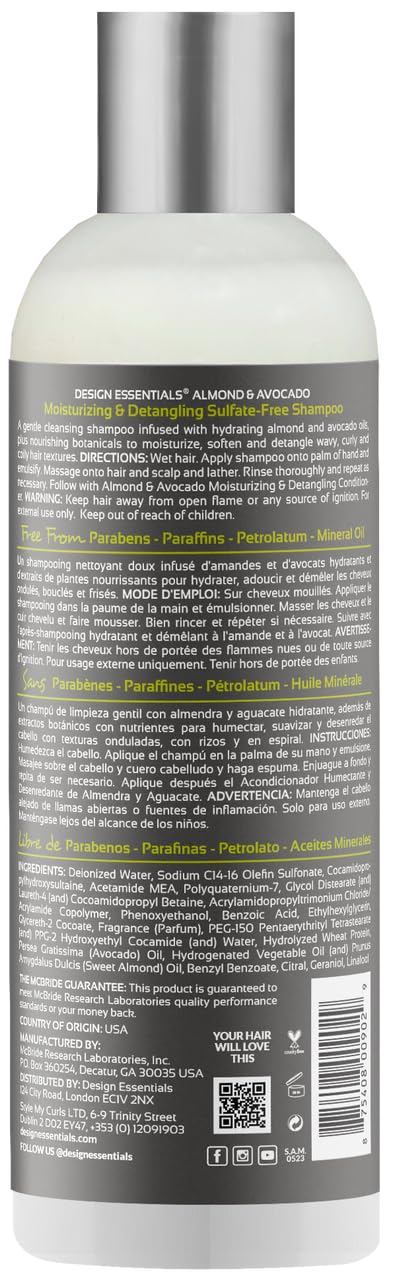 Design Essentials almond avocado shampoo ingredients highlight almond and avocado for moisture.