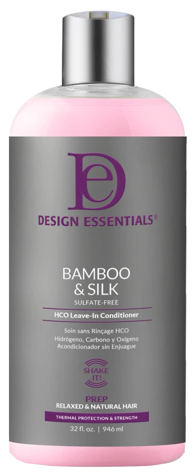 Design Essentials Bamboo & Silk HCO Leave-In bottle pour highlighting heat protection and smooth finish