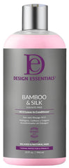 Design Essentials Bamboo & Silk HCO Leave-In bottle pour highlighting heat protection and smooth finish