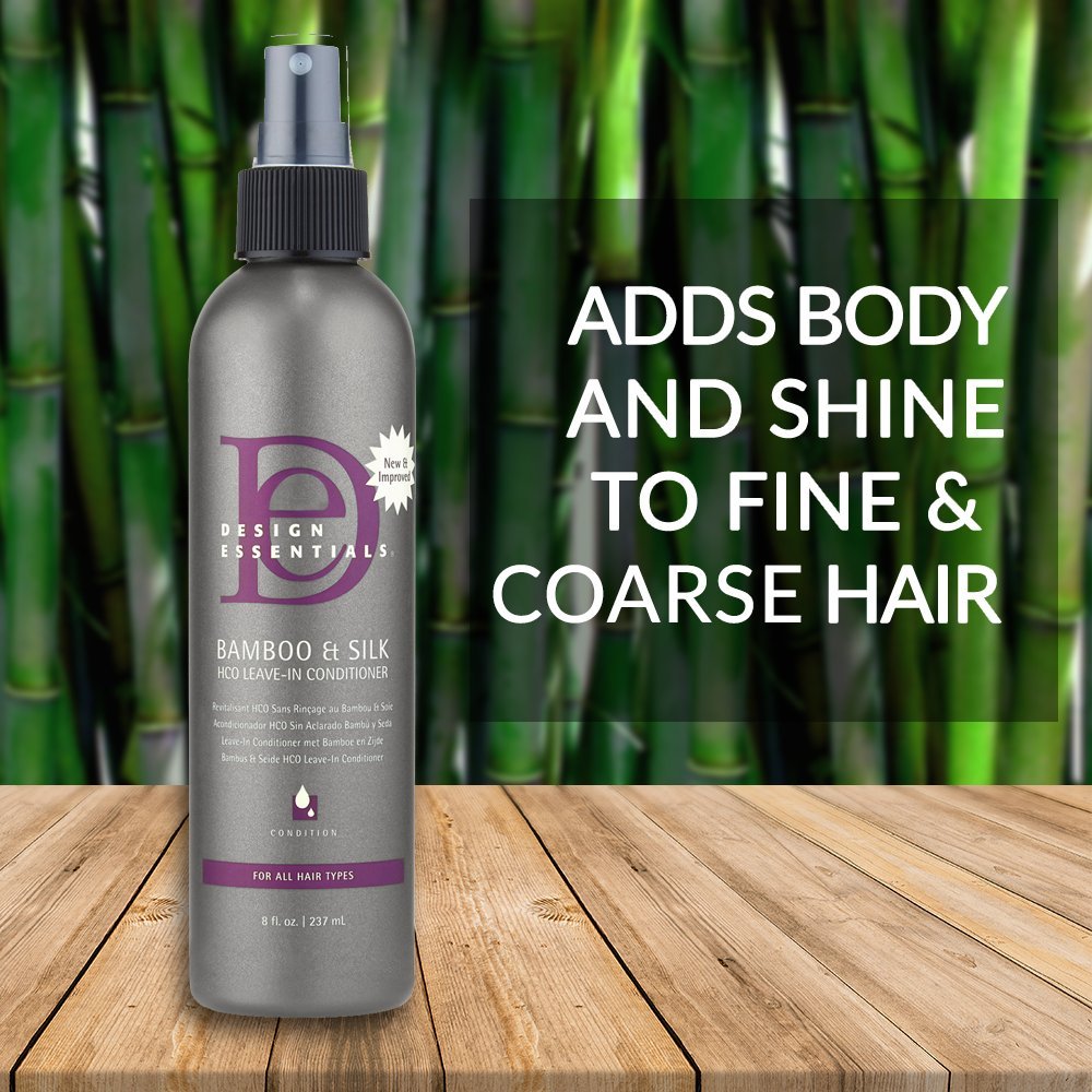 Design Essentials Bamboo & Silk HCO Leave-In packaging highlights bamboo and silk benefits.