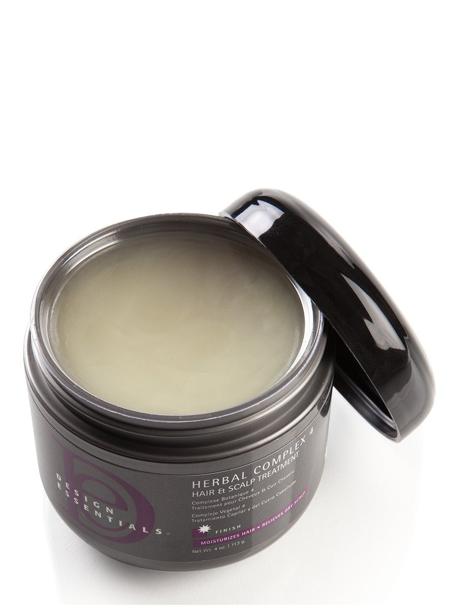 Design Essentials Herbal Complex 4 hair-shine close-up reveals a bouncy, silky finish.