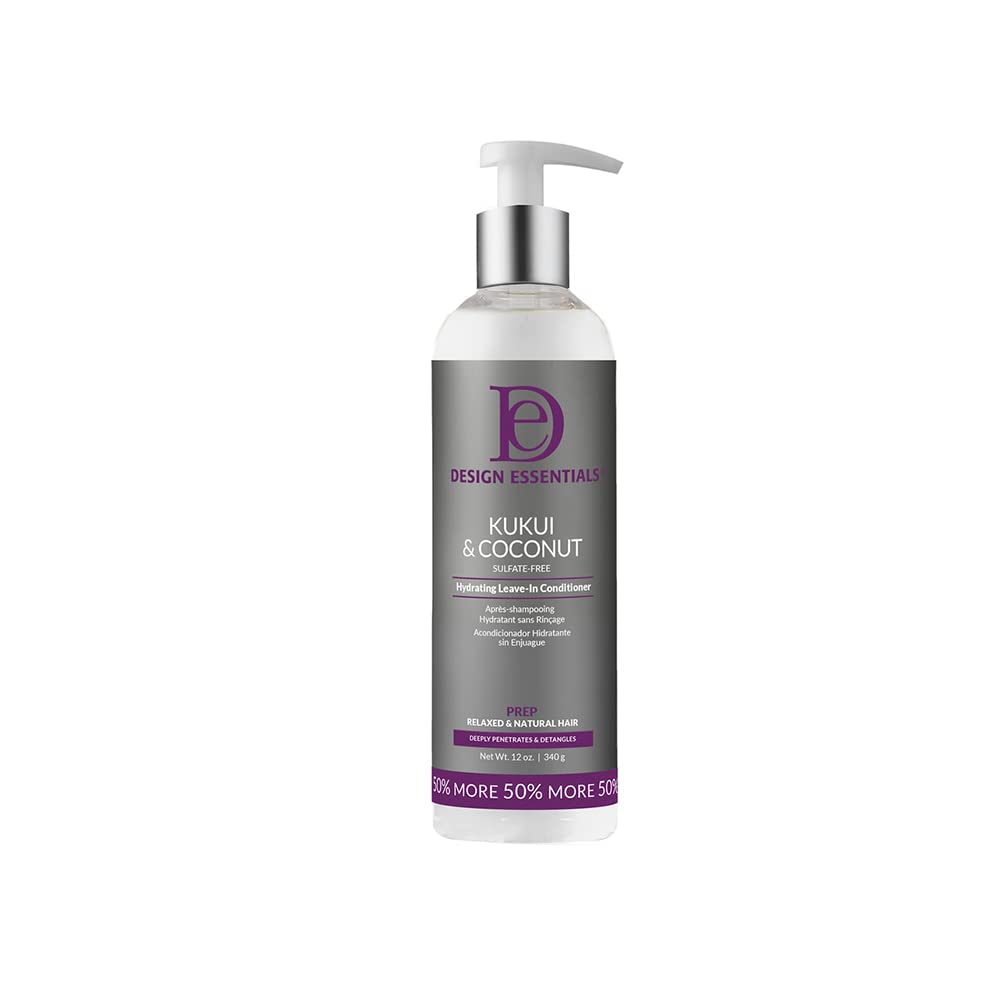 Design Essentials Kukui and Coconut Hydrating Leave-In bottle shows rich moisture for frizz control.