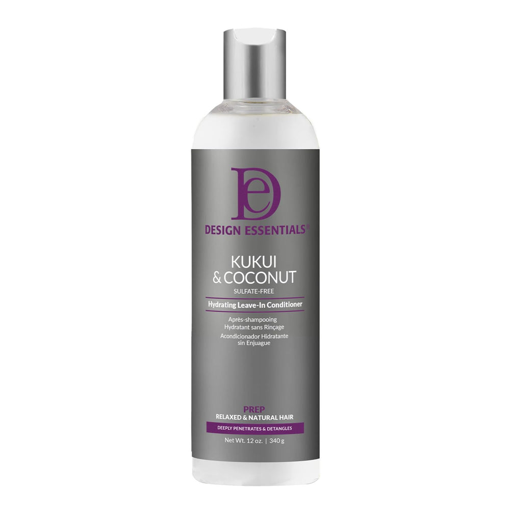 Design Essentials Kukui & Coconut Leave-In bottle pour—providing intense moisture for dry, brittle hair