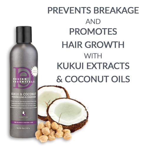 Design Essentials Kukui & Coconut Leave-In hair on styling desk—easy weekly use between shampoos