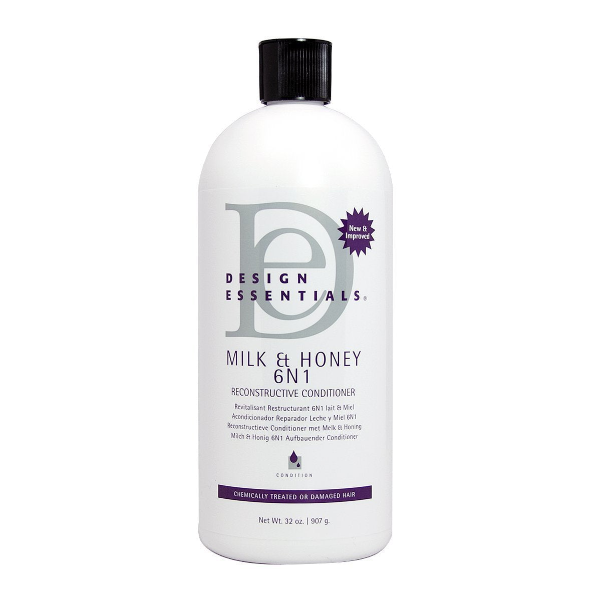 Design Essentials Milk & Honey 6N1 conditioner bottle showing HydraStrength for moisture balance and shine