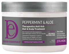 Design Essentials Peppermint & Aloe Therapeutics anti-itch bottle close-up highlighting cooling scalp relief.