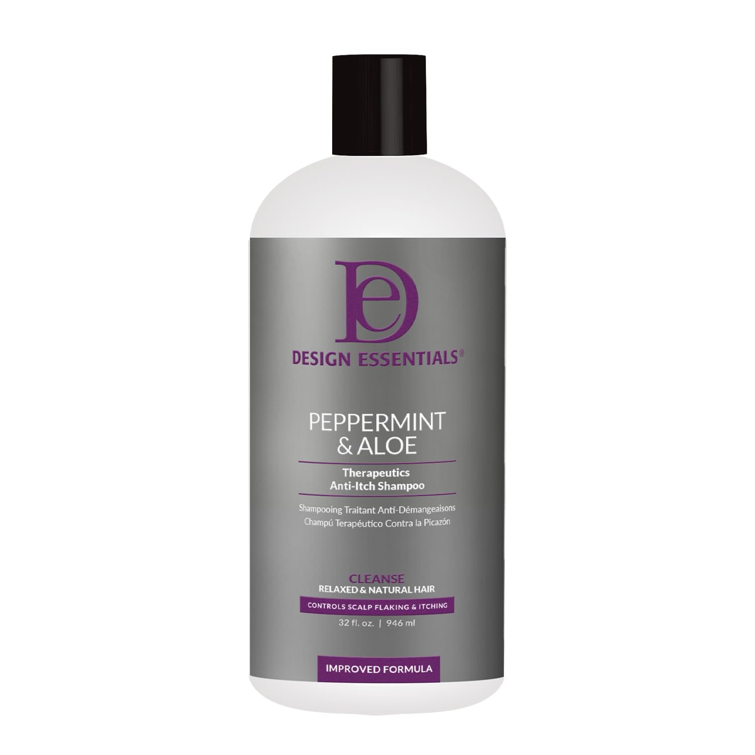 Design Essentials Peppermint and Aloe Therapeutics AntiItch Shampoo bottle shows anti itch relief and dandruff control.