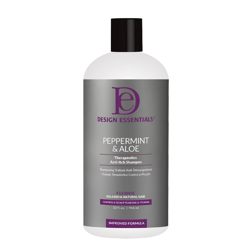 Design Essentials Peppermint and Aloe Therapeutics AntiItch Shampoo bottle shows anti itch relief and dandruff control.
