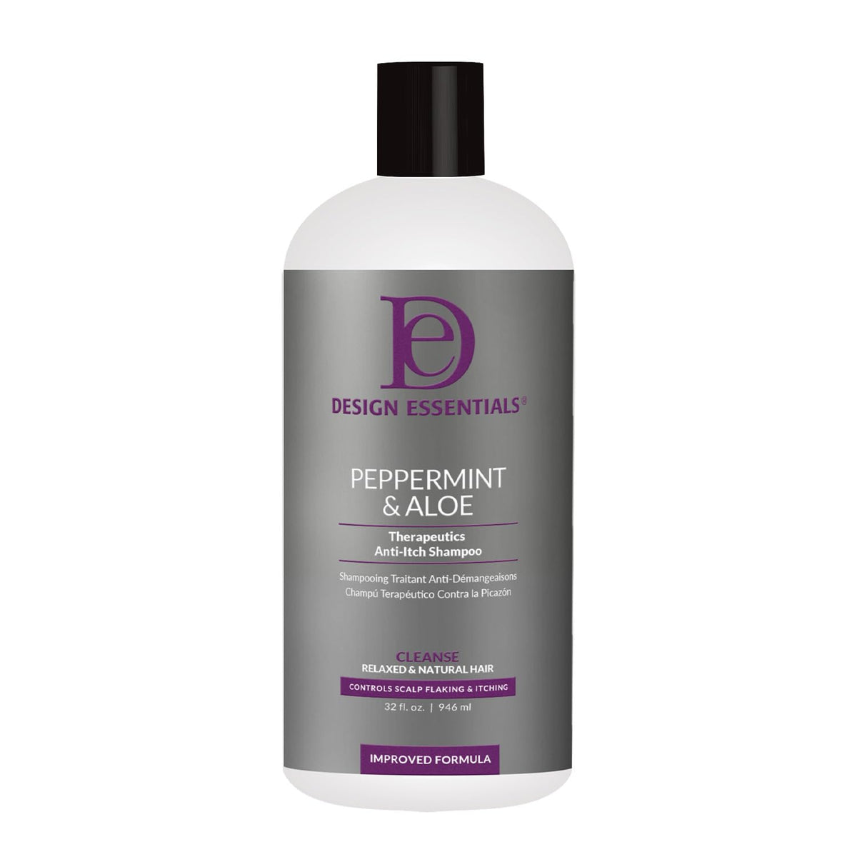 Design Essentials Peppermint and Aloe Therapeutics AntiItch Shampoo bottle shows anti itch relief and dandruff control.