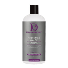 Design Essentials Peppermint and Aloe Therapeutics AntiItch Shampoo bottle shows anti itch relief and dandruff control.