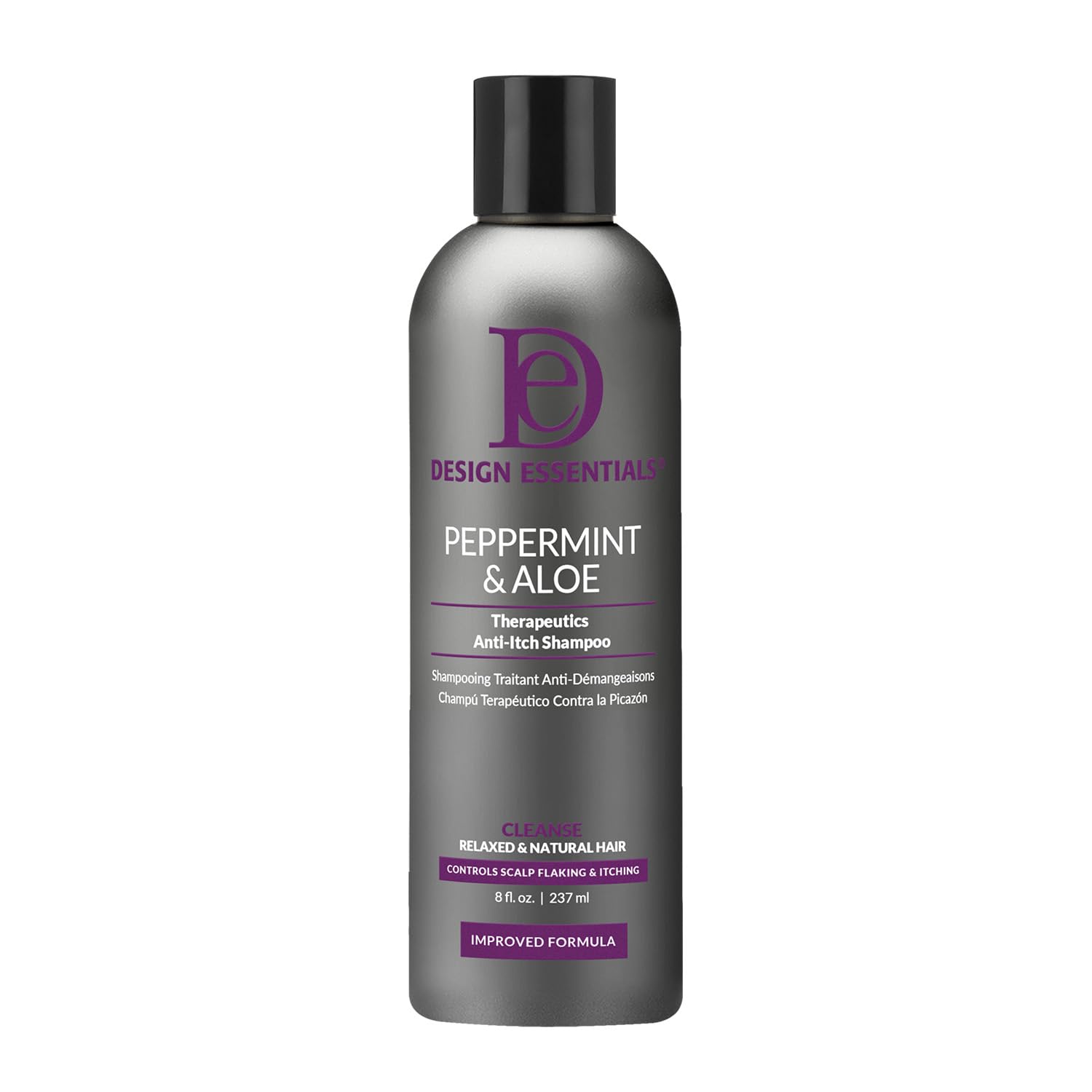 Design Essentials Peppermint & Aloe Therapeutics shampoo bottle delivers cooling scalp relief.
