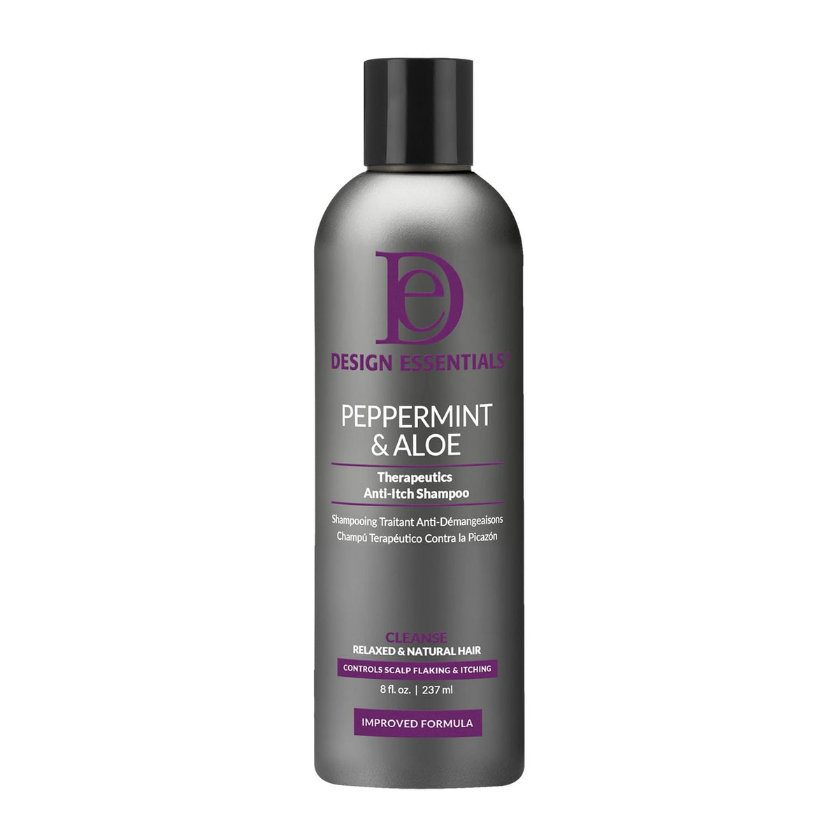 Design Essentials Peppermint & Aloe Therapeutics shampoo bottle delivers cooling scalp relief.