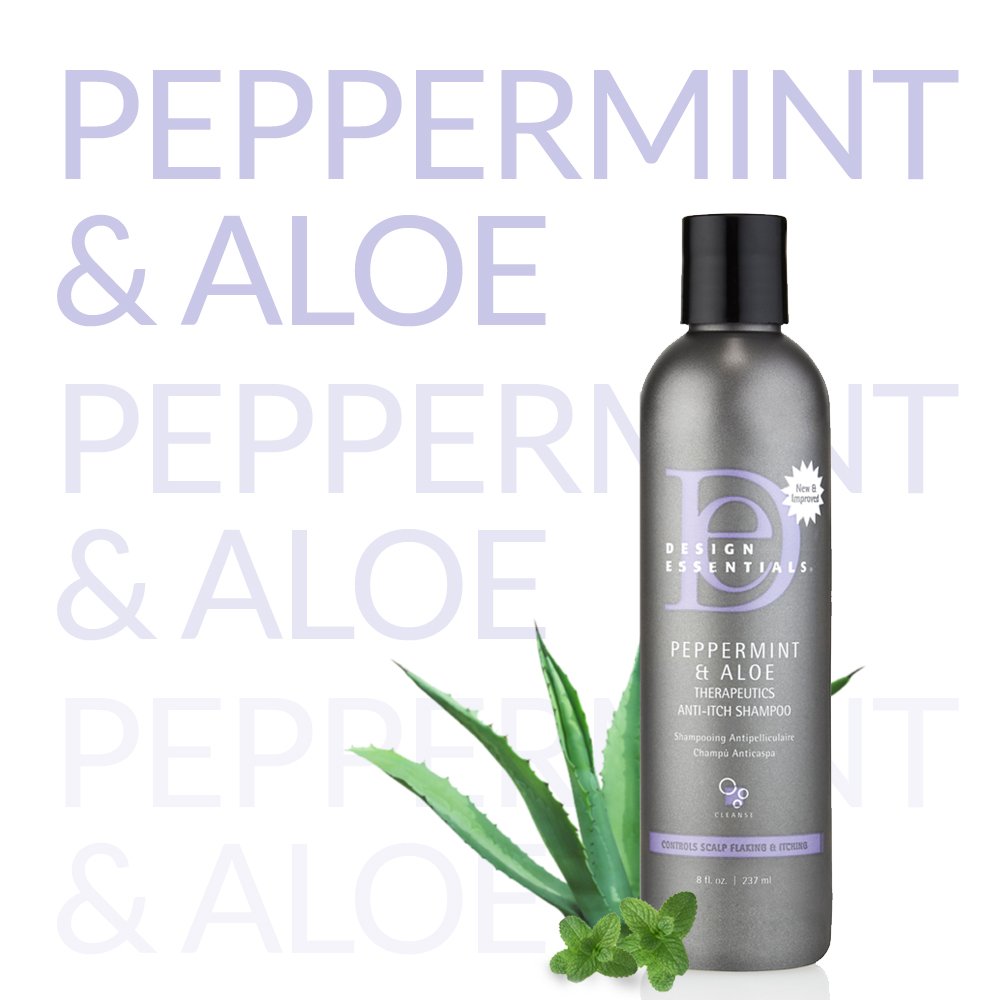 Design Essentials Peppermint & Aloe Therapeutics label close-up emphasizes gentle cleansing.