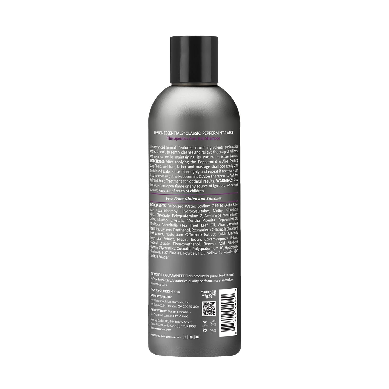 Design Essentials Peppermint & Aloe Therapeutics Shampoo lather shown for refreshing scalp comfort.