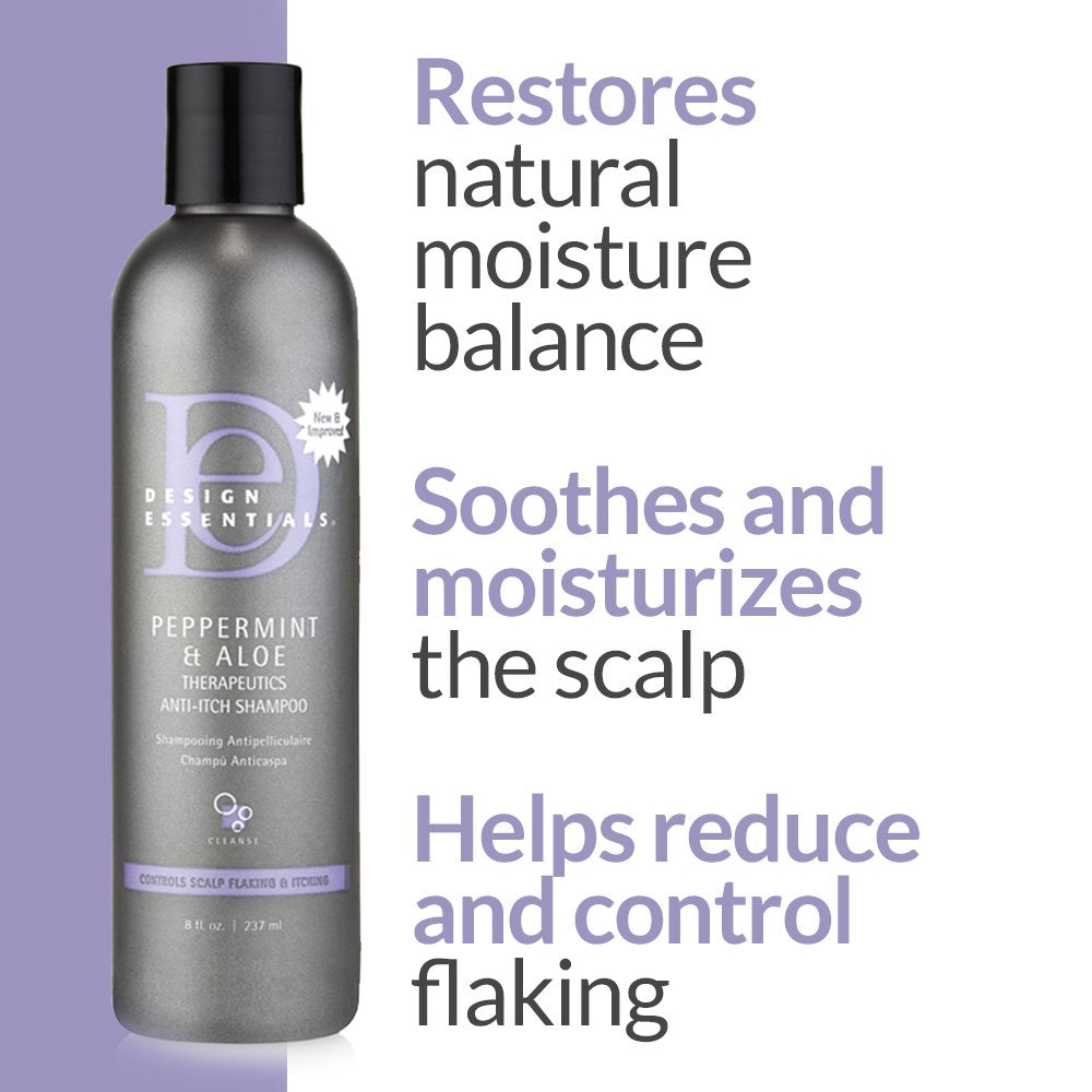 Design Essentials Peppermint & Aloe Therapeutics Shampoo on hair demonstrates balanced moisture.
